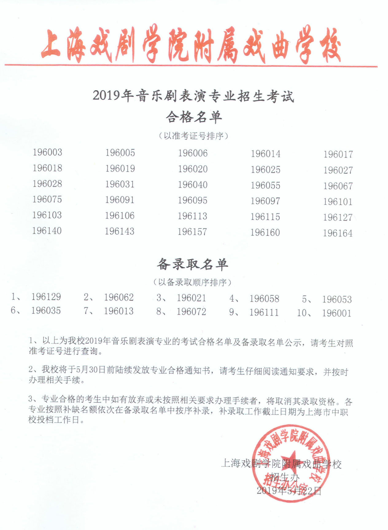 2019年上海市戏曲学校招生考试合格名单