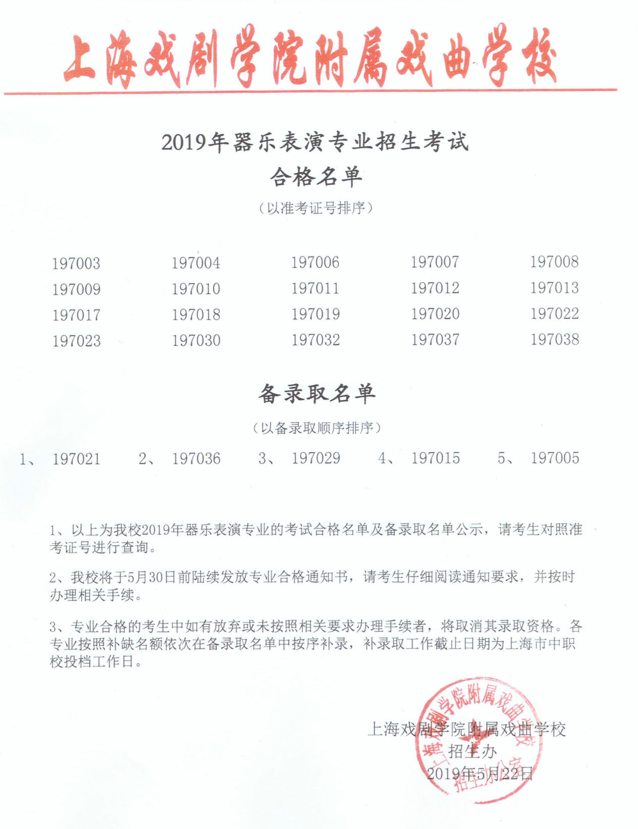 2019年上海市戏曲学校招生考试合格名单